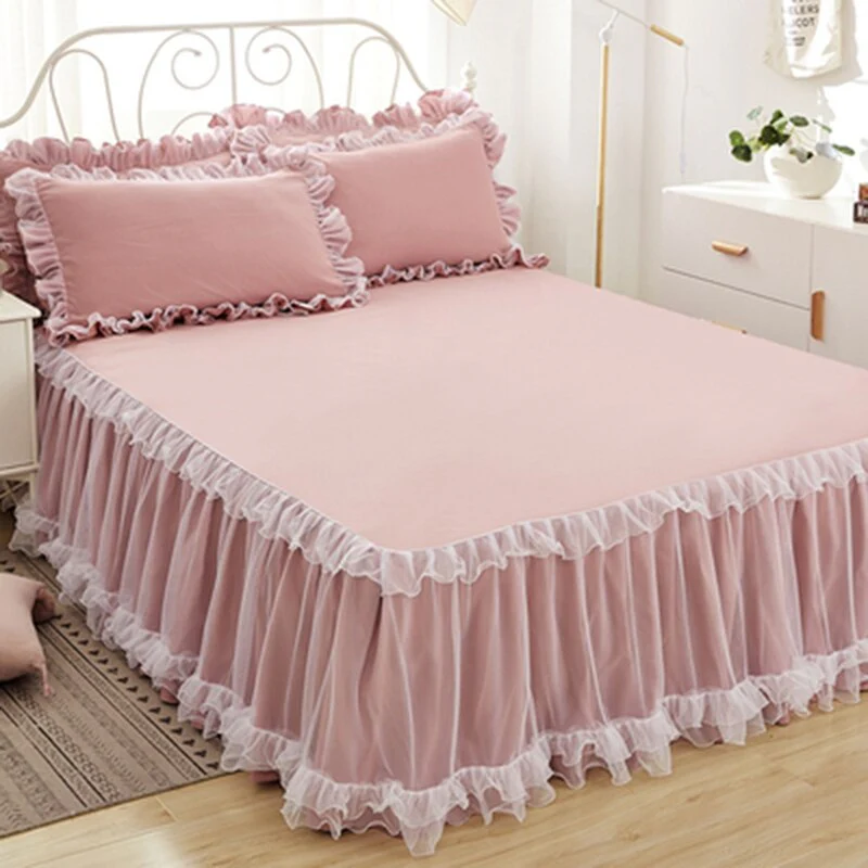 HULIANFU Pink Lace Lotus Leaf Lace Bed Skirts Princess Style Solid Color Bedspread Bed Cover Non-Slip Sheets Without Pillowcase - Deanwangkt