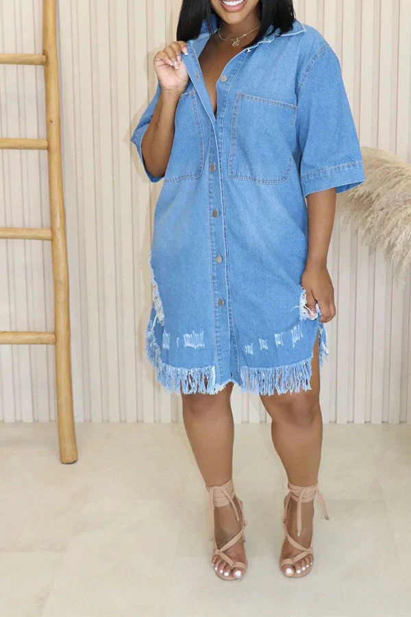 Ripped Denim Relaxed Pocket Button Midi Dress - Deanwangkt