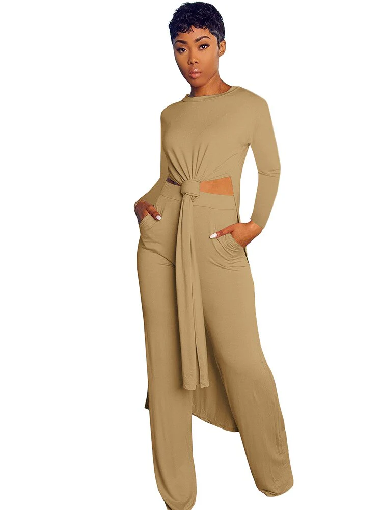 New Arrival Fashion Design two pieces  Sexy Women Set Solid O-neck Long Top  And  Long Pants  Summer  Outfits - Deanwangkt