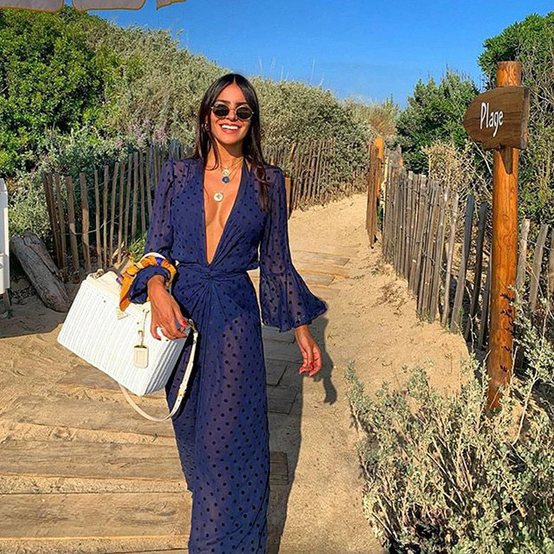 Summer Dot print White Beach Cover up dress Tunic Long Pareos Bikinis Cover ups Swim Cardigan Cover up Robe Plage Beachwear - Deanwangkt
