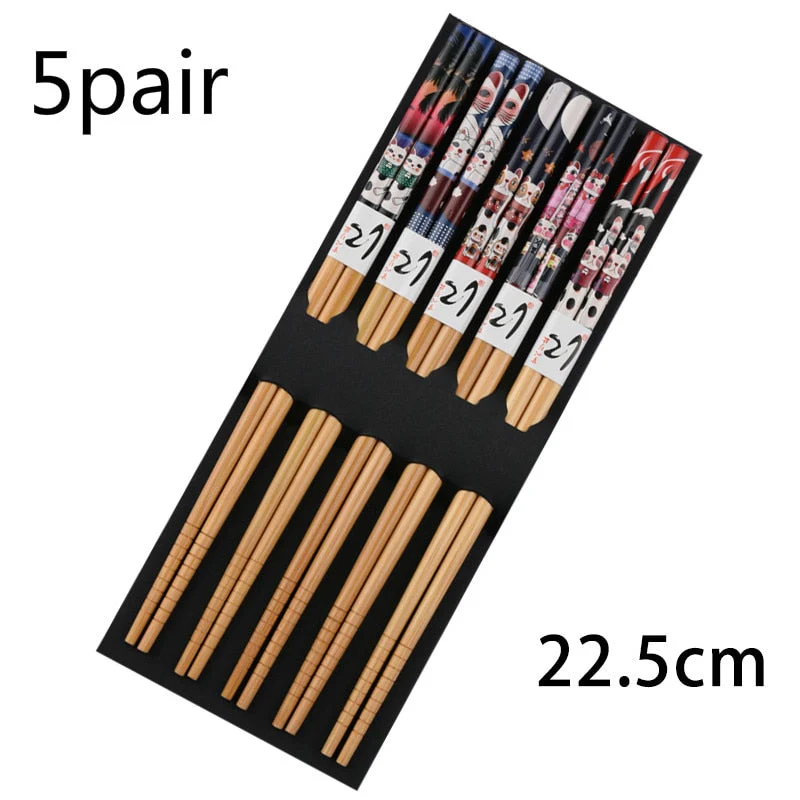 HULIANFU Reusable 5 Pair Set Handmade Bamboo Japanese Natural Wood Chopsticks Sushi Food Cat Flower Multi color Wooden Chop sticks - Deanwangkt