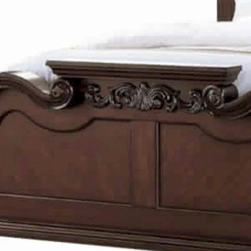 Dark Walnut Carved & Upholstered Wooden Queen Bed