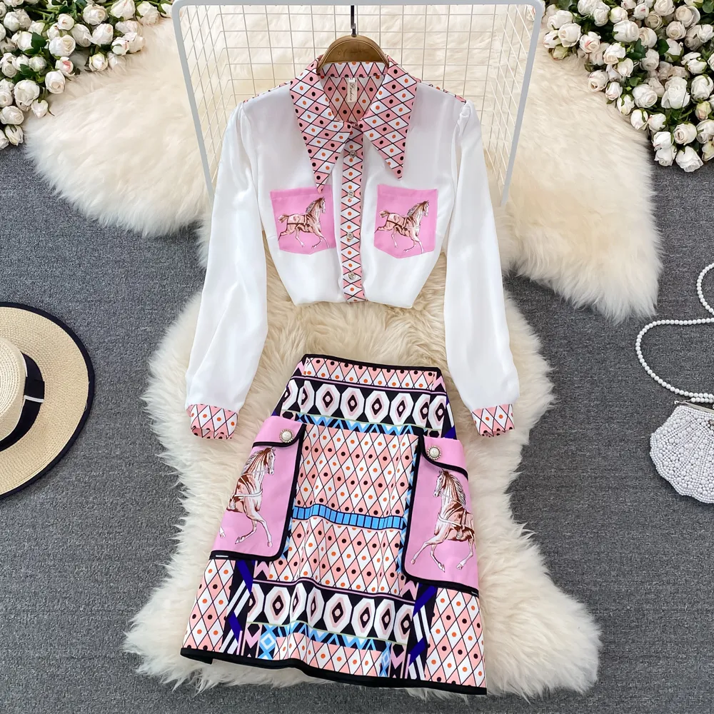Two Piece Dress Summer Fashion Runway Skirt Suit Women's Short Sleeve Horse Geometry Print Blouse A Line Pocket Mini Skirt 2 Two Piece Set 230829 - Deanwangkt