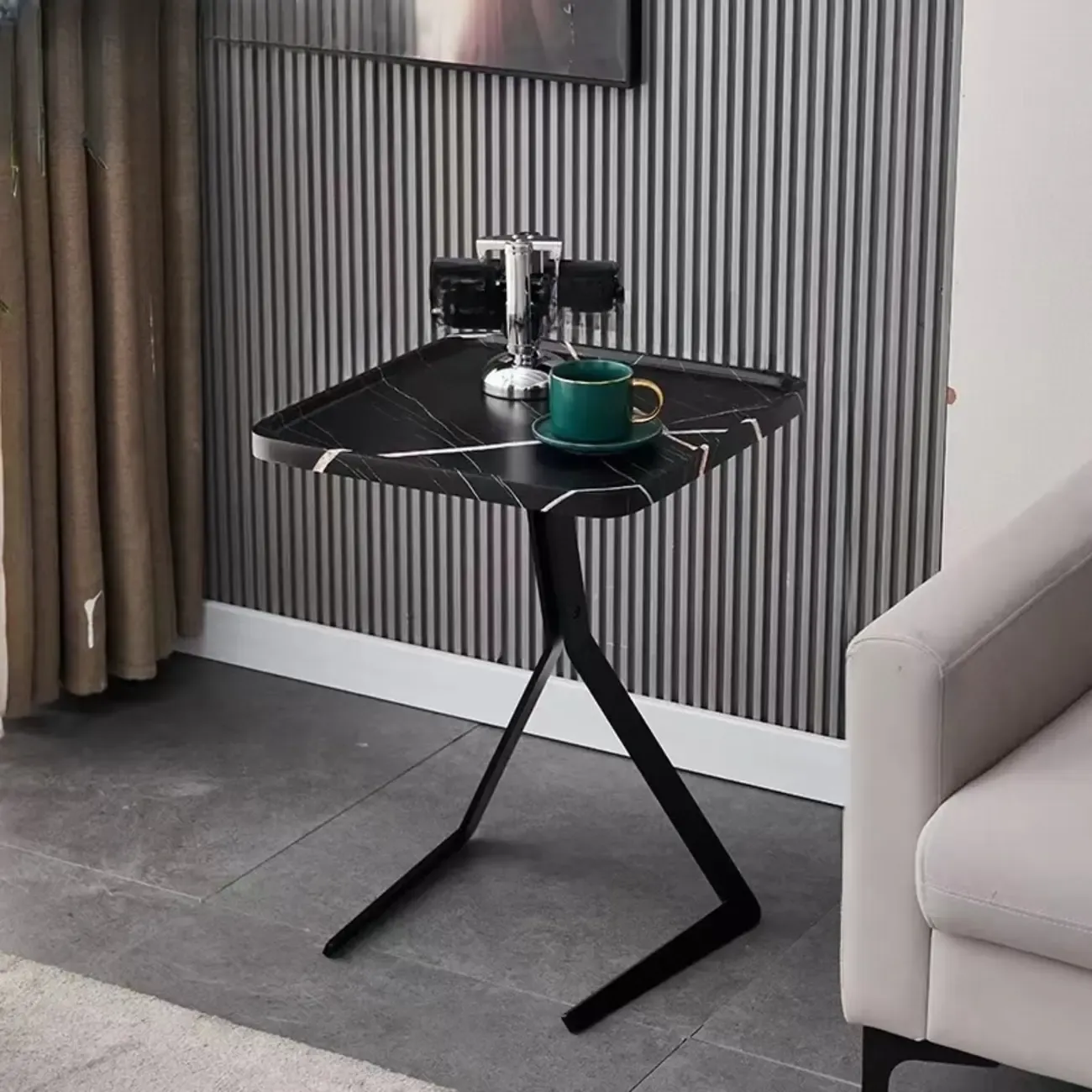 C-Shpaed Brown Wood Round Side Table with Metal Legs