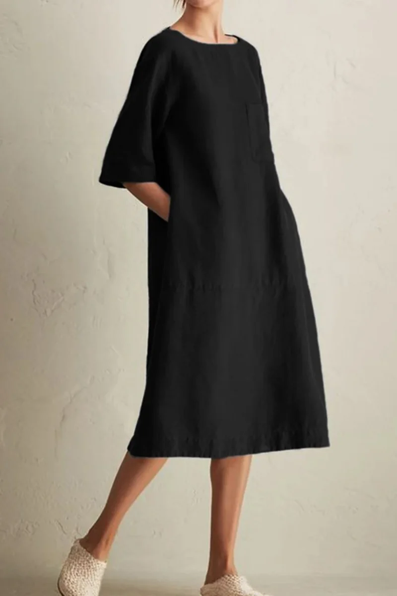 hulianfu - Casual Solid Patchwork Pocket O Neck A Line Dresses(6 Colors) - Deanwangkt