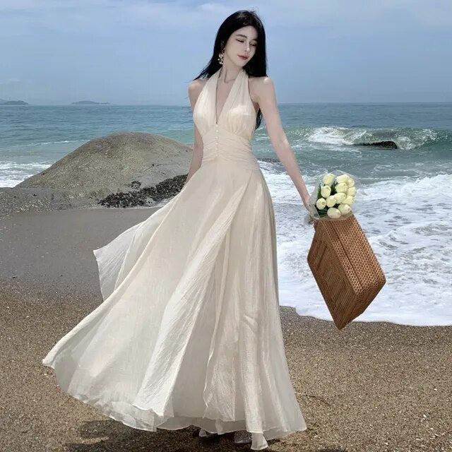 Summer Sleeveless Halter Long White Maxi Dress Elegant Tight Waist V-neck Beach Dress Robes Du Soir Evening Dresses Wedding Prom - Deanwangkt