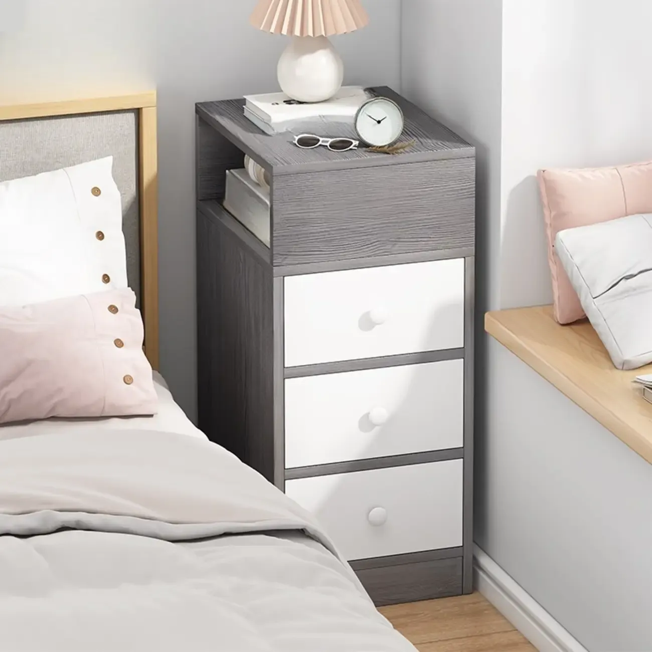 Wood Finish White Narrow Length Multi-Drawers Nightstand