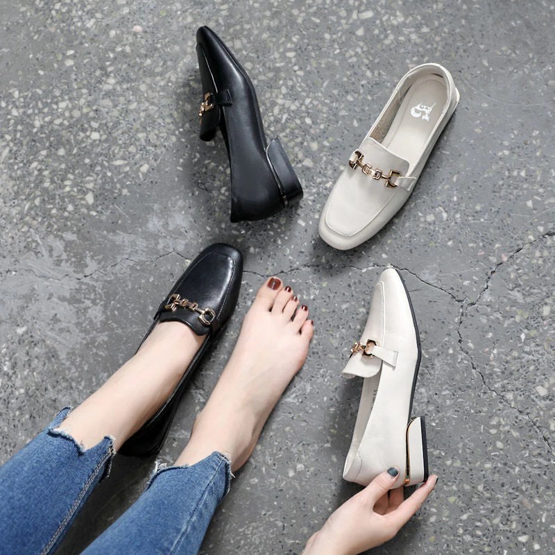 Women All-match Square Head Thick Heel Shallow Mouth Flat British Small Leather Shoes Ladies Soft Leather Non-slip Loafers - Deanwangkt