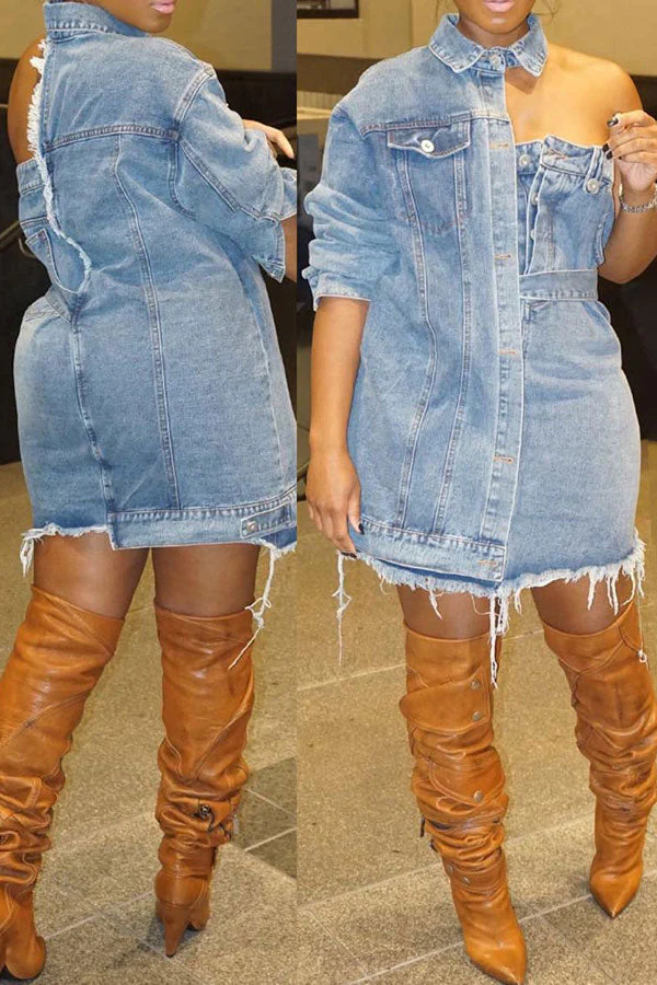 Solid Color Chic Asymmetric Lace-Up Denim Mini Dress - Deanwangkt