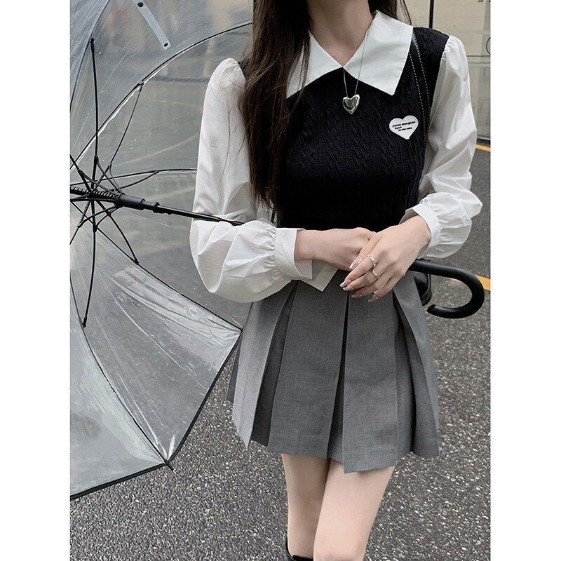 Sweet Japanese Girl Fashion 2 Piece Skirt Sets Long Sleeve Patchwork Shirt Top&High Waist Pleated Mini Skirt 2pc Dress Outfits - Deanwangkt