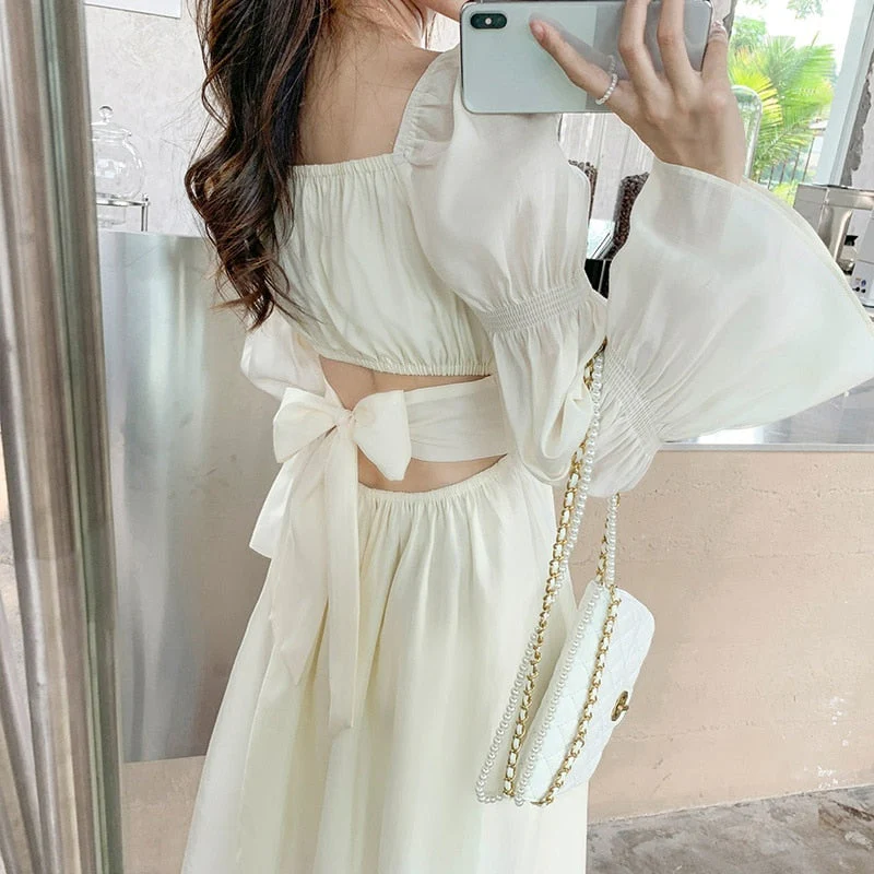 Hulianfu Backless Sexy Vintage Fairy Dress Women Sweet Elegant Princess Evening Party Dresses Female Casual Korean Long Sleeve Chic Dress - Deanwangkt