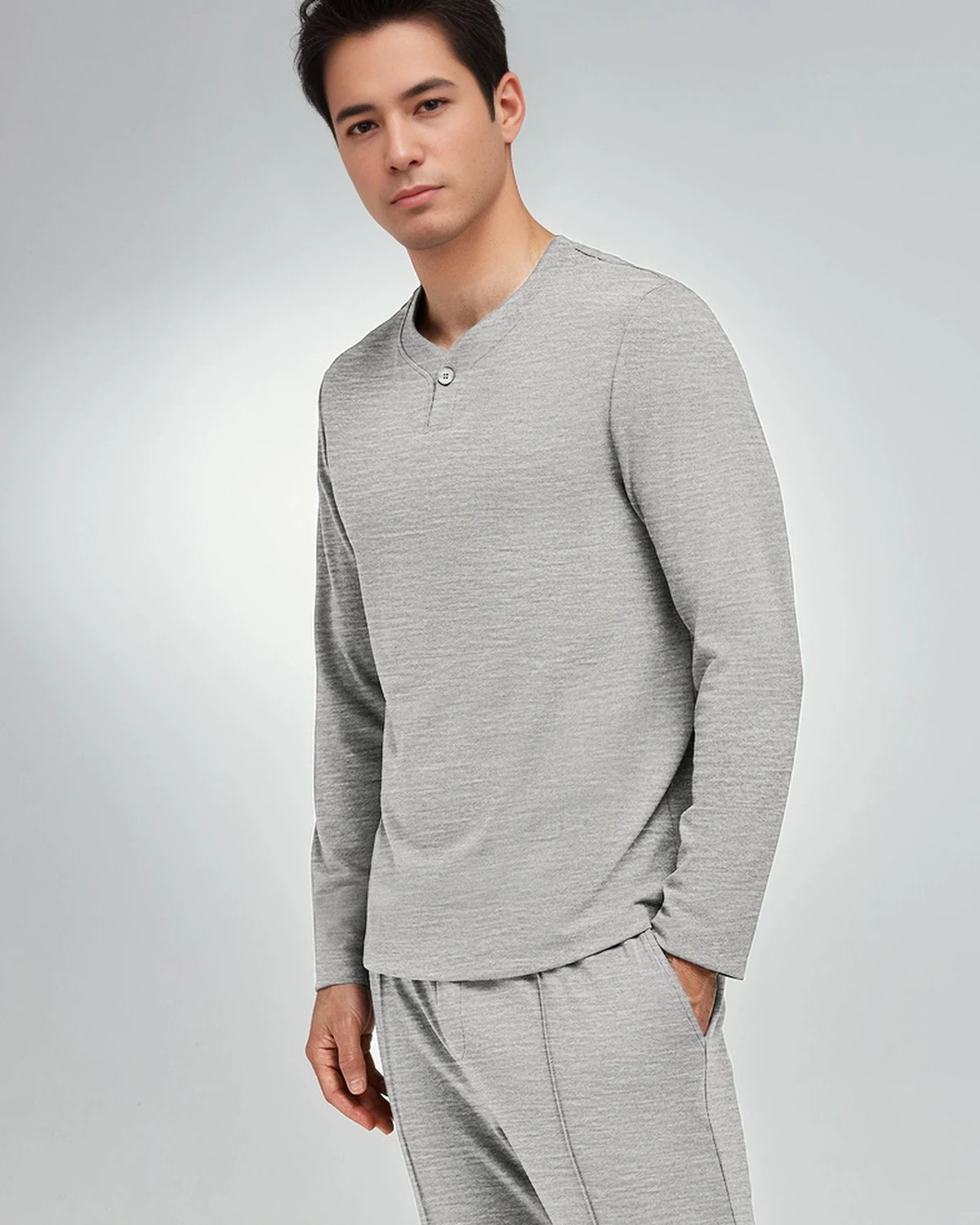 Modal Y-Neck Long-Sleeve and Pants Lounge Set for Men, Minimal Casual Comfortable Pajamas Suitable for Outerwear