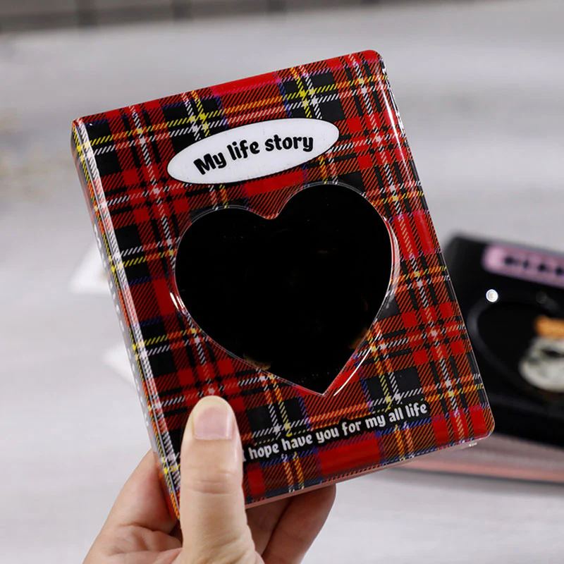 HULIANFU Kpop Card Binder 3inch Photo Album Hollow Love Heart Model Photocard Holder Plaid Album Instax Mini Album For Cards Collect Book - Deanwangkt