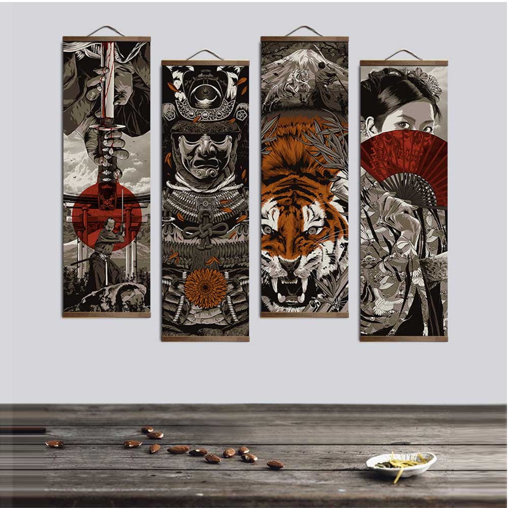 HULIANFU Japanese Samurai Ukiyoe Tiger Canvas Poster Pictures for Living Room Home Decor Painting Wall Art with Solid Wood Hanging Scroll - Deanwangkt