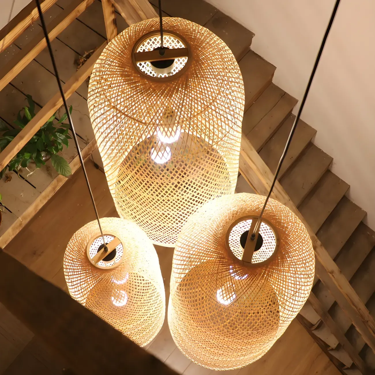 Oriental Cylinder Woven Rattan Pendant Chandelier for Staircase