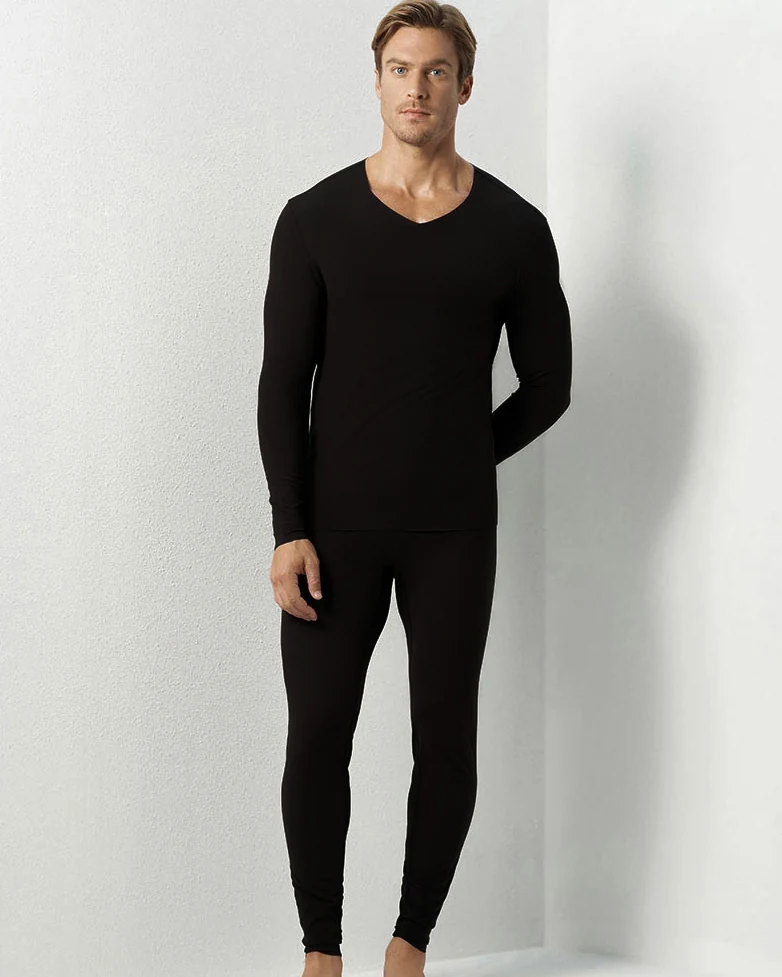 Free-Cut Smooth Milk Seamless Thermal Underwear for Men, V-Neck Slim Heat-Generating Base Layer Autumn Clothes and Long Johns Set
