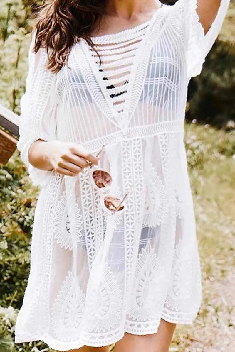 hulianfu  Hollow Embroidery Half Sleeve Cover-Up - Deanwangkt