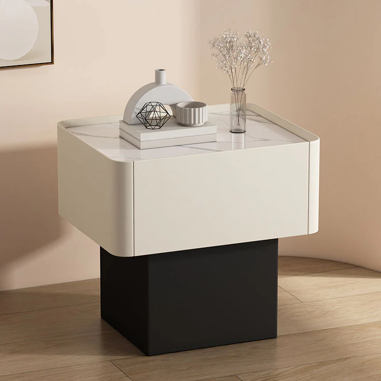 Modern Faux Leather Drawer Nightstand with Stone Top