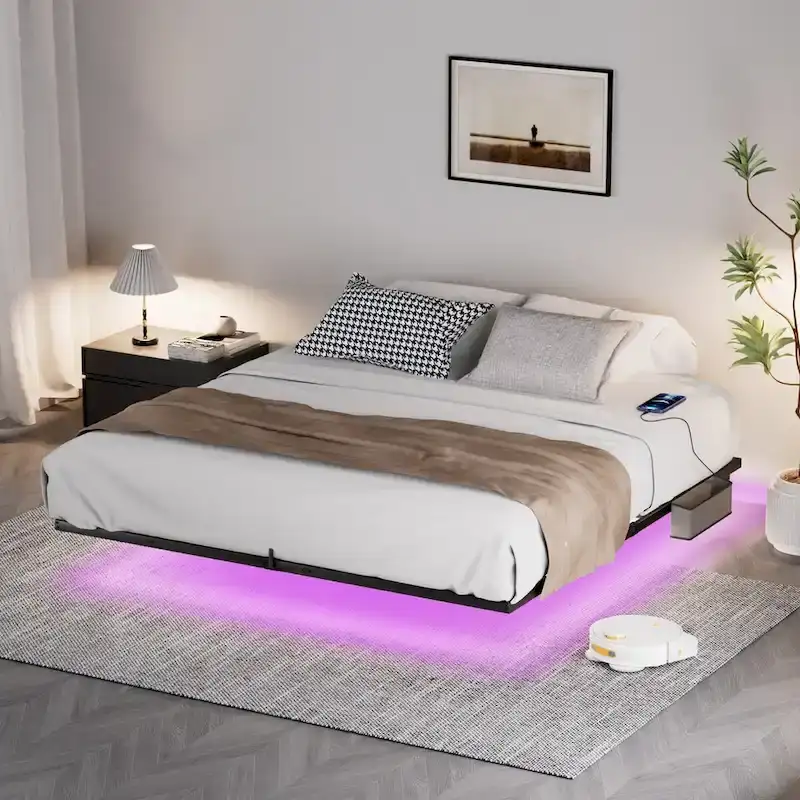 King Size Floating Bed Frame with LED Lights & Charging Station - Metal Platform