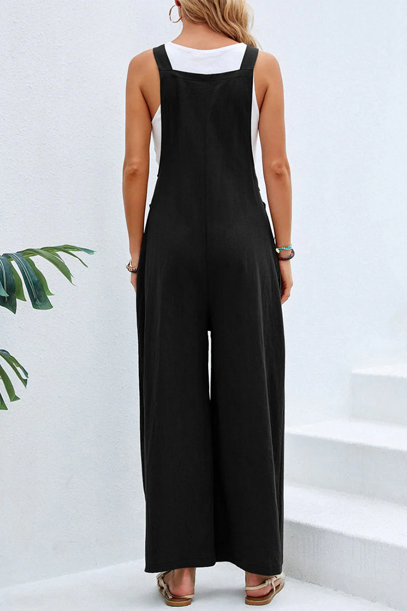 hulianfu Casual Vacation Solid Buttons Square Collar Loose Jumpsuits(10 Colors) - Deanwangkt