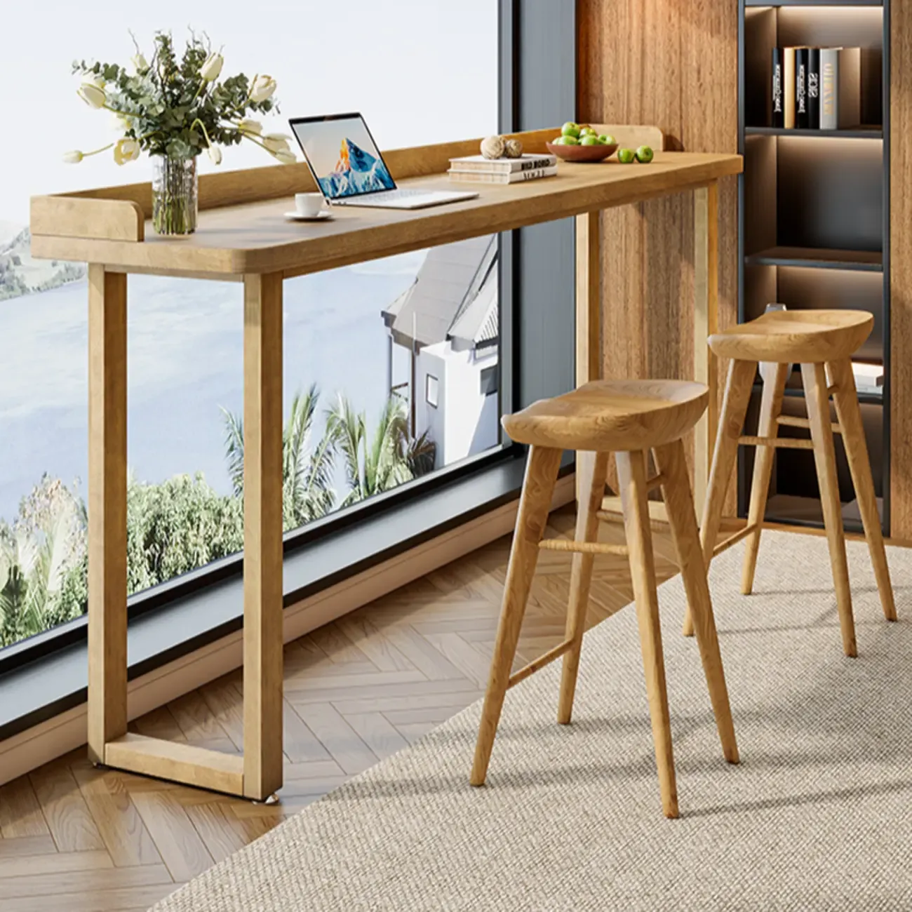 Natural Wood Rectangle Counter Height Bar Table with Rim