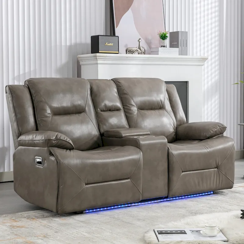 2 Seater Home Theater Recliner Manual Recliner Chair with a LED Light Strip Two Cup Holders and a Storage Box