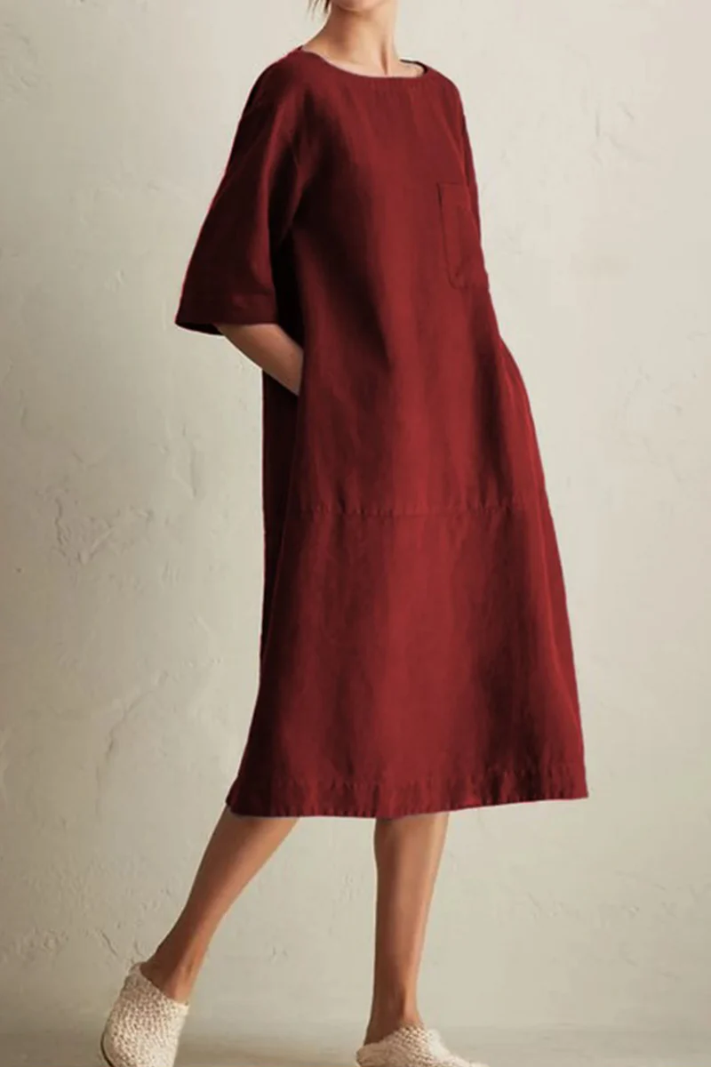hulianfu - Casual Solid Patchwork Pocket O Neck A Line Dresses(6 Colors) - Deanwangkt