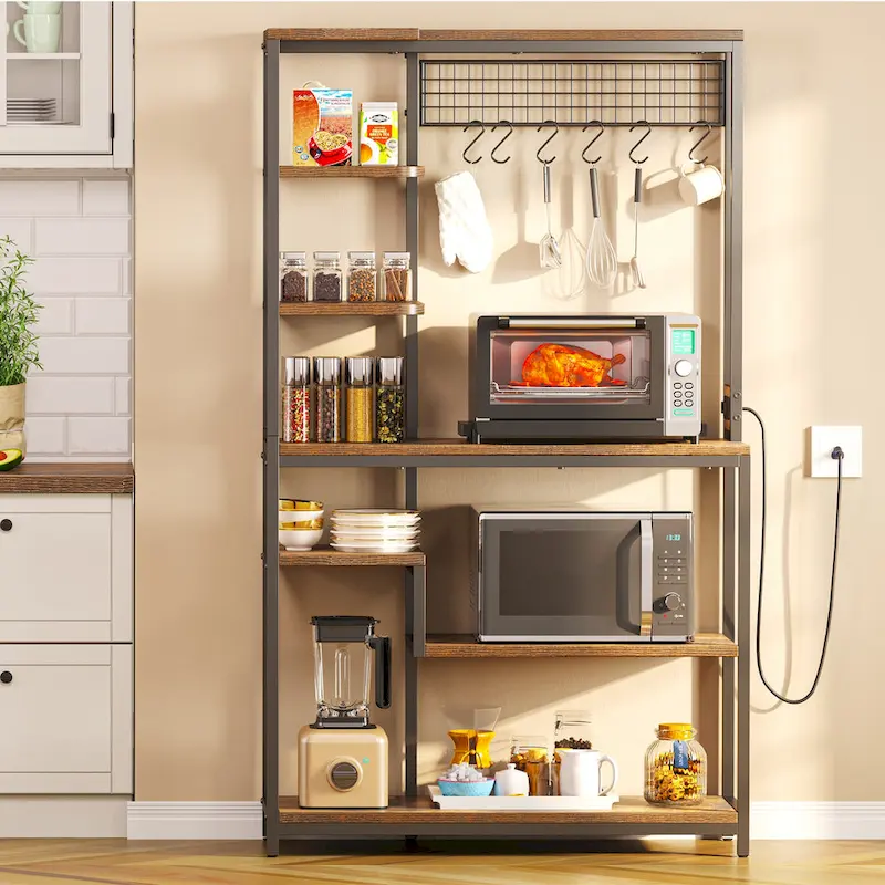 Moasis Kitchen Microwave Stand Bakers Rack Utility Storage Shelf with Power Outlet