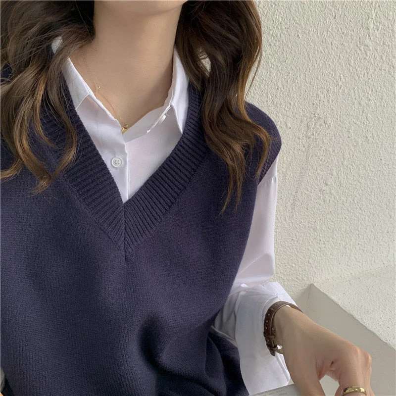 Autumn Women's Sweater Vest V-neck Sleeveless Irregular Casual Loose Knitted Pullover Tops Female Outerwear - Deanwangkt