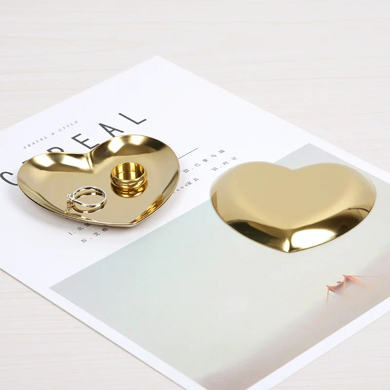 HULIANFU Nordic Stainless Steel Storage Tray Dish Jewelry Ring Organizer Bread Dessert Snack Plate Golden Heart Shaped Plate Home Decor - Deanwangkt