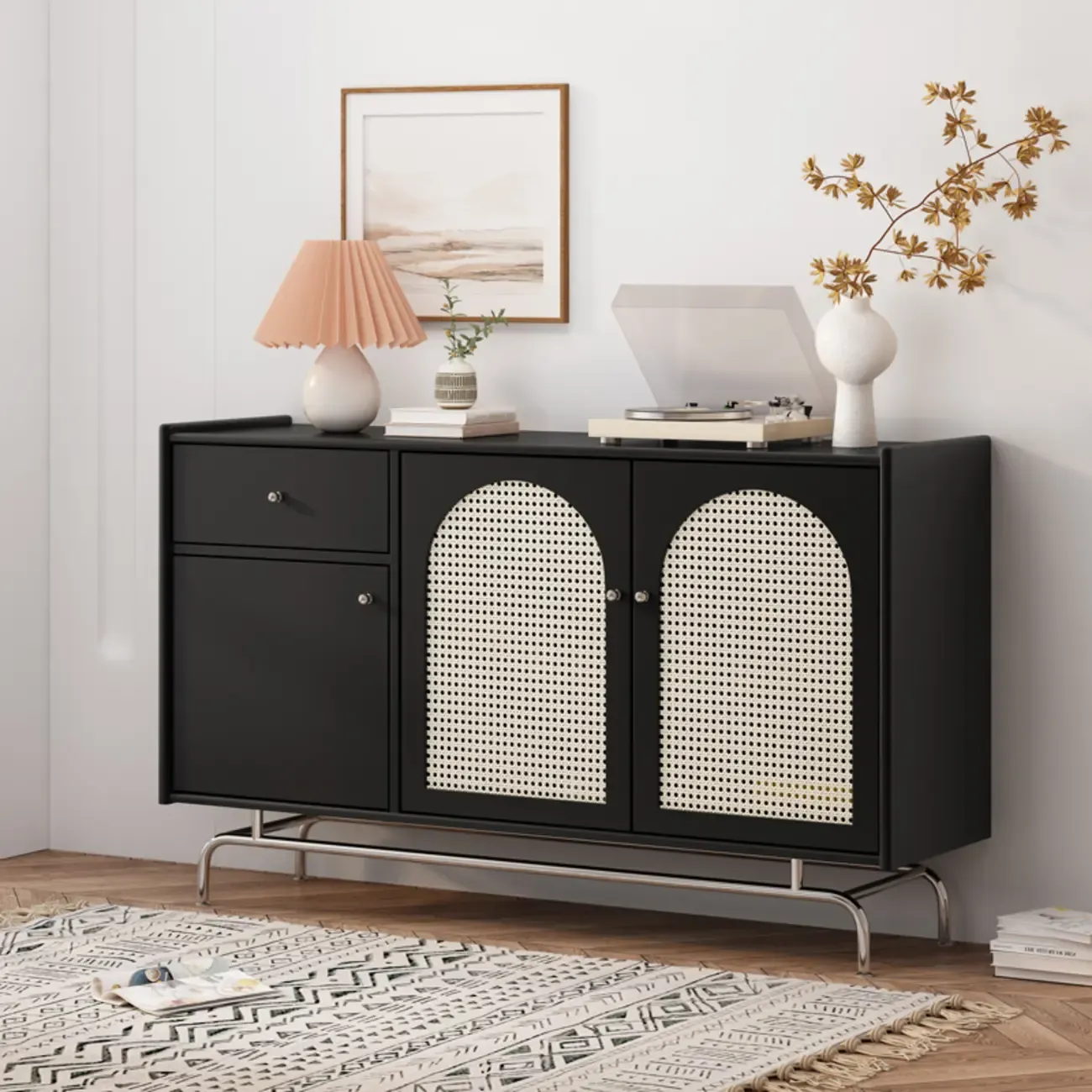 Modern Ink Wood Metal Base Rattan Cabinet for Living Room