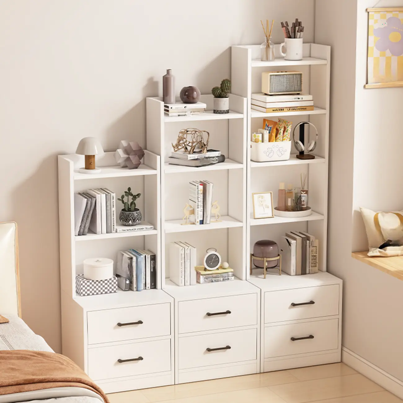 Multi-functional Wooden 5-Shelf Closed Back White Bookcase