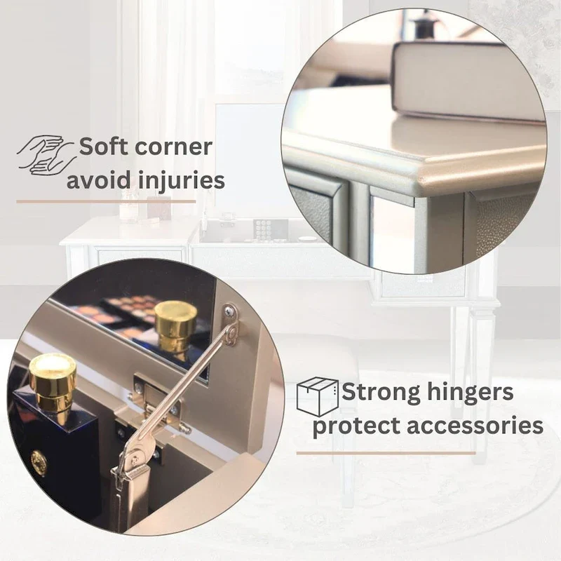 2-Drawer Mirrored Dresser with Vanity Table, Flip-Up Mirror, and Stool