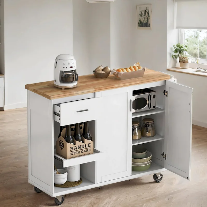 Rolling Kitchen Island w/ Foldable Counter Top,Towel Rack and Drawer
