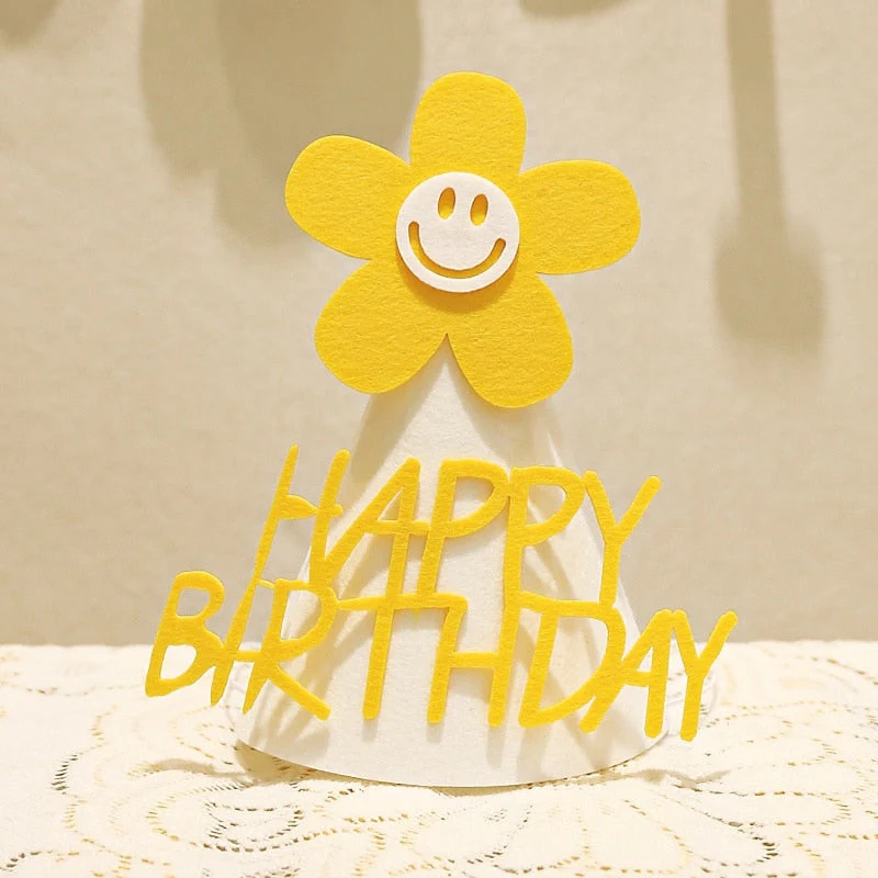 HULIANFU ins Kids Yellow Flower Birthday Hat Little Daisy Party Hat Baby Shower Headwear White Happy Birthday Smile Headband - Deanwangkt