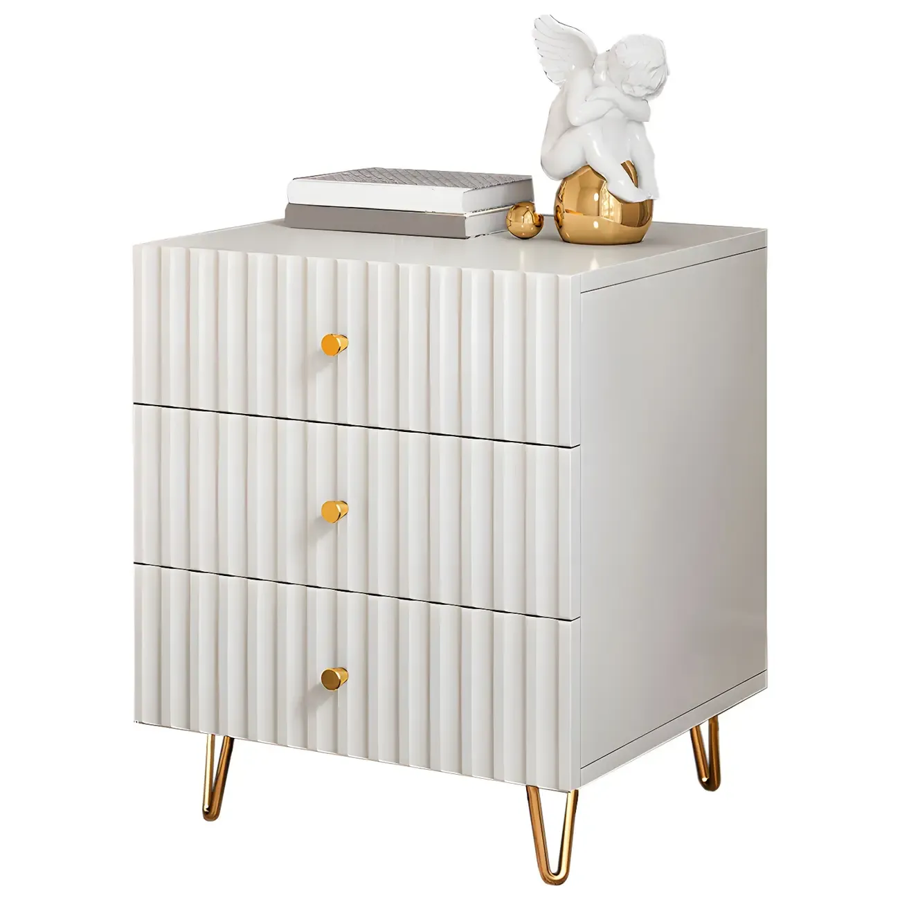 Modern Wooden Stripe Gold Accents Stylish Nightstand