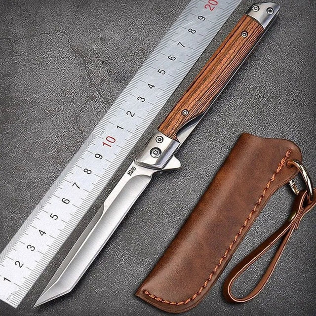HULIANFU M390 Steel Folding Knife with Holster Wooden Handle Damascus Pattern High Hardness Outdoor Hunting Knife  Camping Survival Tools - Deanwangkt