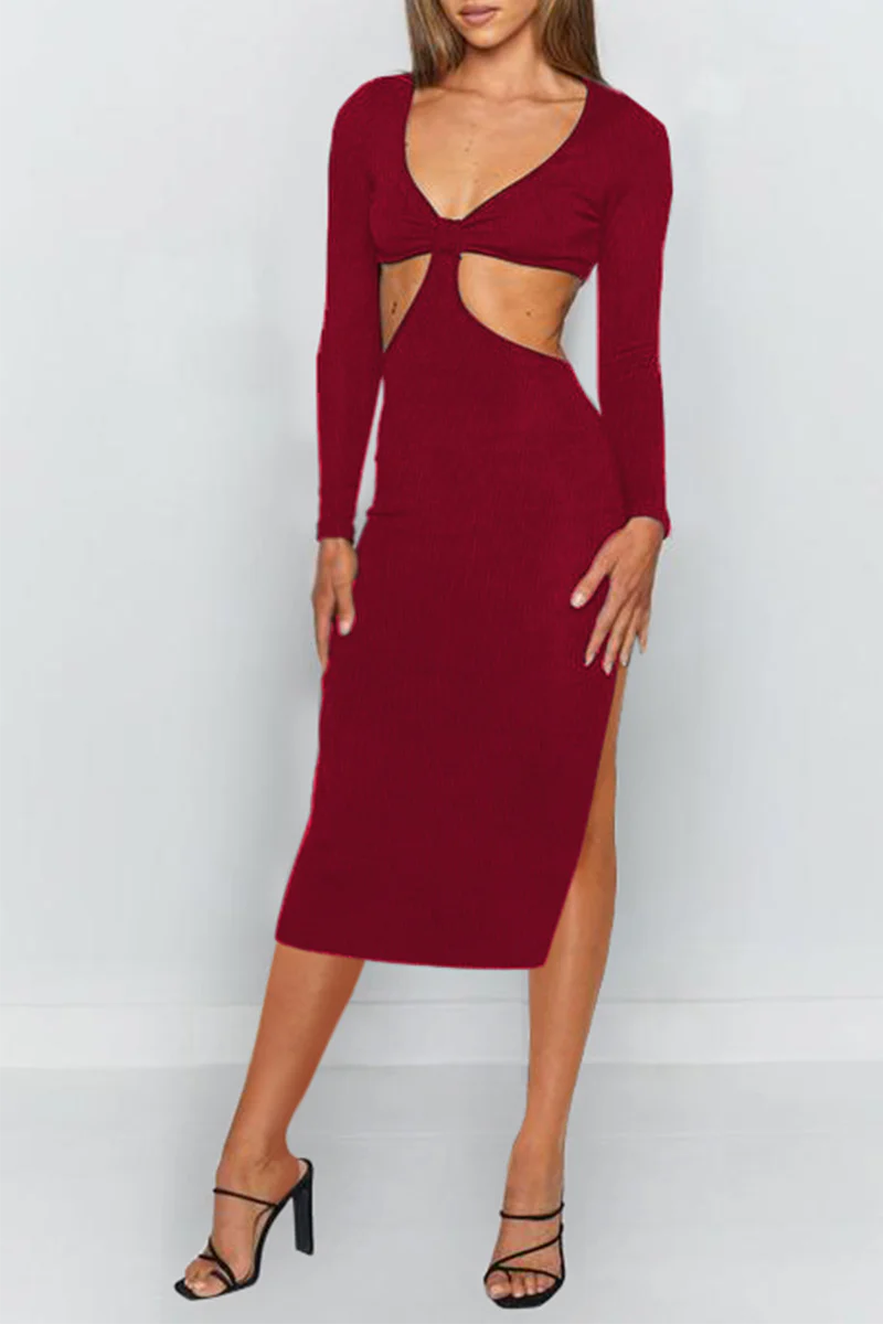 hulianfu Elegant Solid Hollowed Out Backless Slit V Neck Pencil Skirt Dresses - Deanwangkt