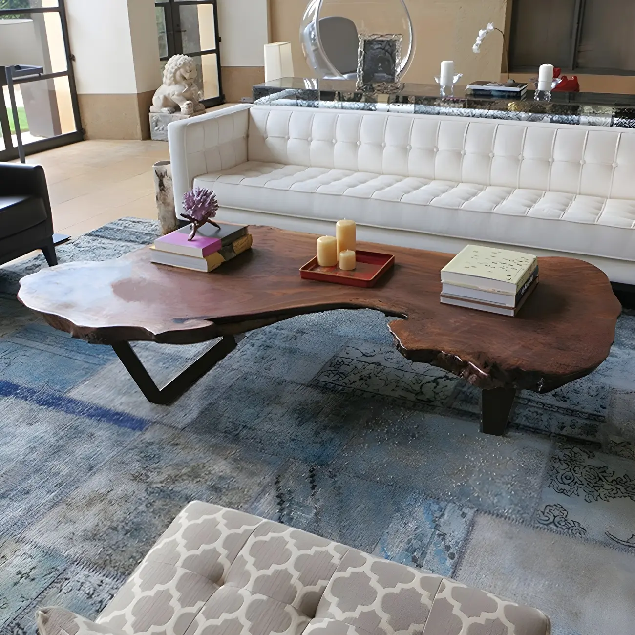 Geometric Modern Red Wood Top Steel Base Coffee Table