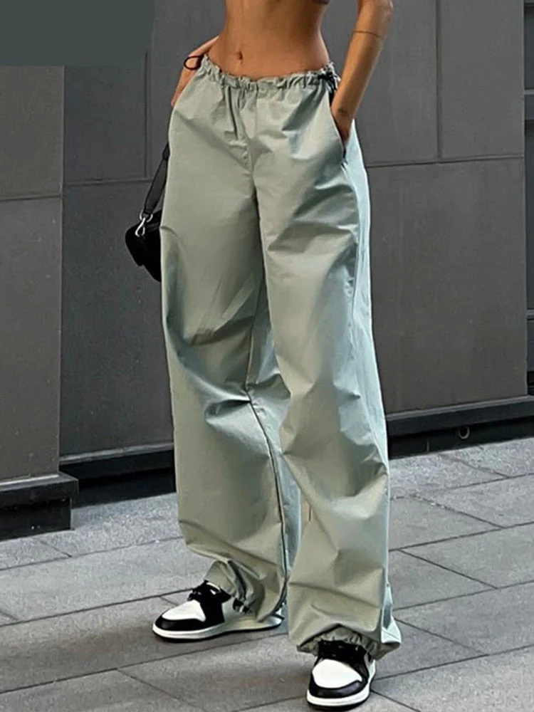 Hulianfu Fashion High Street Cargo Pants Women Casual Sweatpants Solid Loose Trousers Drawstring Waist Wide Leg Pants Y2K Party - Deanwangkt