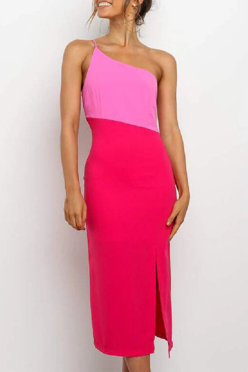 hulianfu Elegant Patchwork Slit Contrast Oblique Collar Pencil Skirt Dresses - Deanwangkt