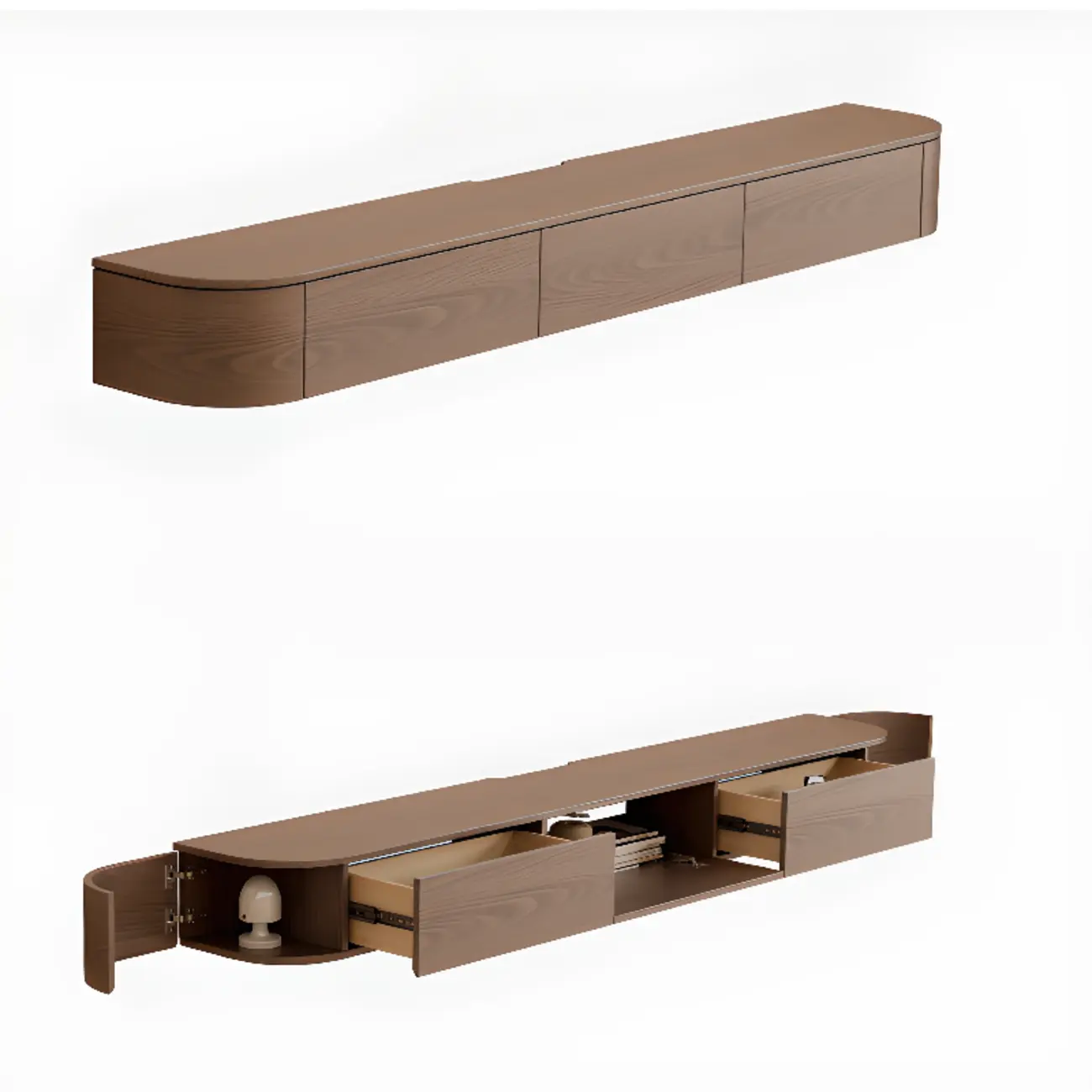 Nut-Brown Modern Wooden Wall-Mounted TV Stand with Light