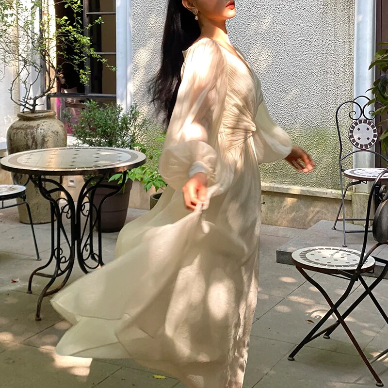 Hulianfu Vintage Korean V-neck Pleated Maxi Dresses for Women Ladies Party Fringed Lace Puff Sleeve Ruffled Lady Dreses Elegant Summer - Deanwangkt