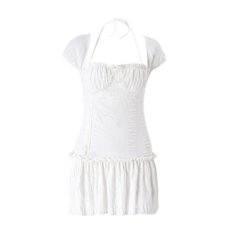Hulianfu y2k Aesthetic Grunge Fairy Core Dress Summer Clothes for Women Short Sleeve Halter Mini Dresses Kawaii Sweet 2000s Ruffles Dress - Deanwangkt