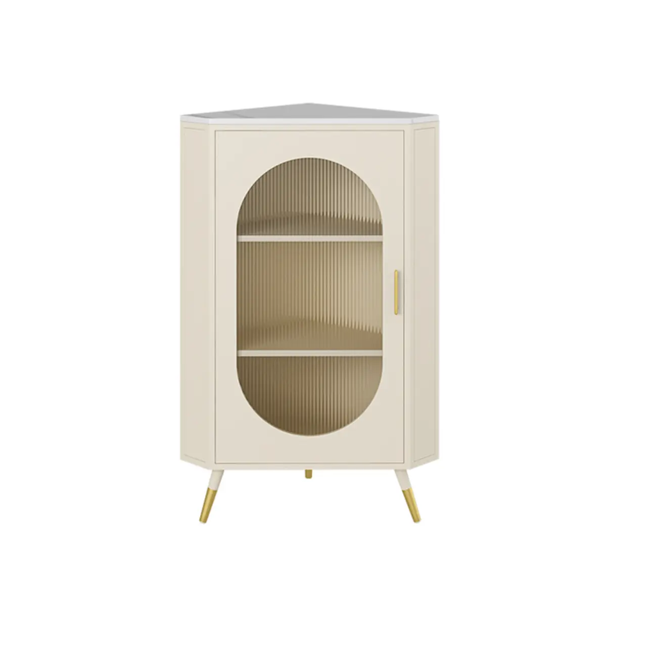 White 3 Legs Corner Cabinet with  Faux Marble Top & Iron Base