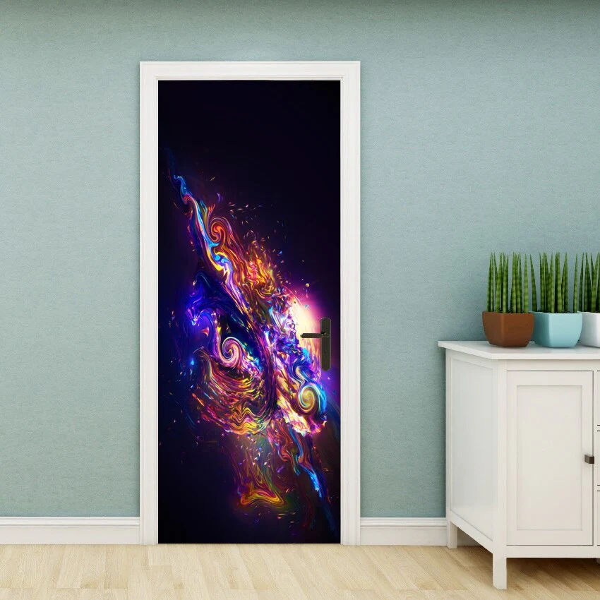 HULIANFU PVC Material Self-adhesive Door Stickers Art Colorful Light Tie-dye Blooming Abstract Home Decor Poster Door Decoration Stickers - Deanwangkt
