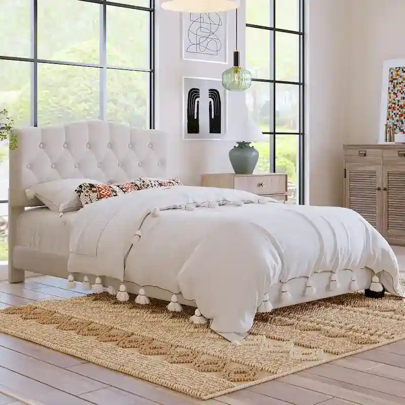 Beige Upholstered Low Profile Platform Bed Frame Saddle Curved Headboard Wingback Bed with Diamond Tufted Details Panel Bed