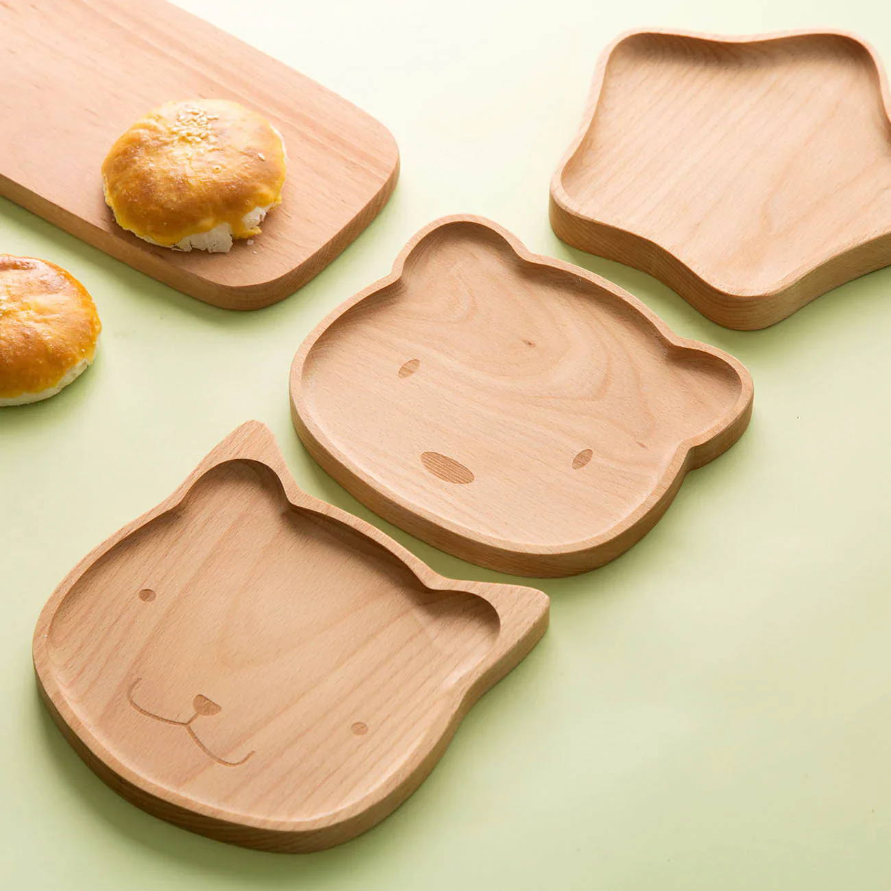 HULIANFU Natural Beech Cartoon Food Tray Wooden Cup Breakfast Plate Large Solid Wood Tableware Cake Snack Fruit Tray Safe baby Food Bowl - Deanwangkt