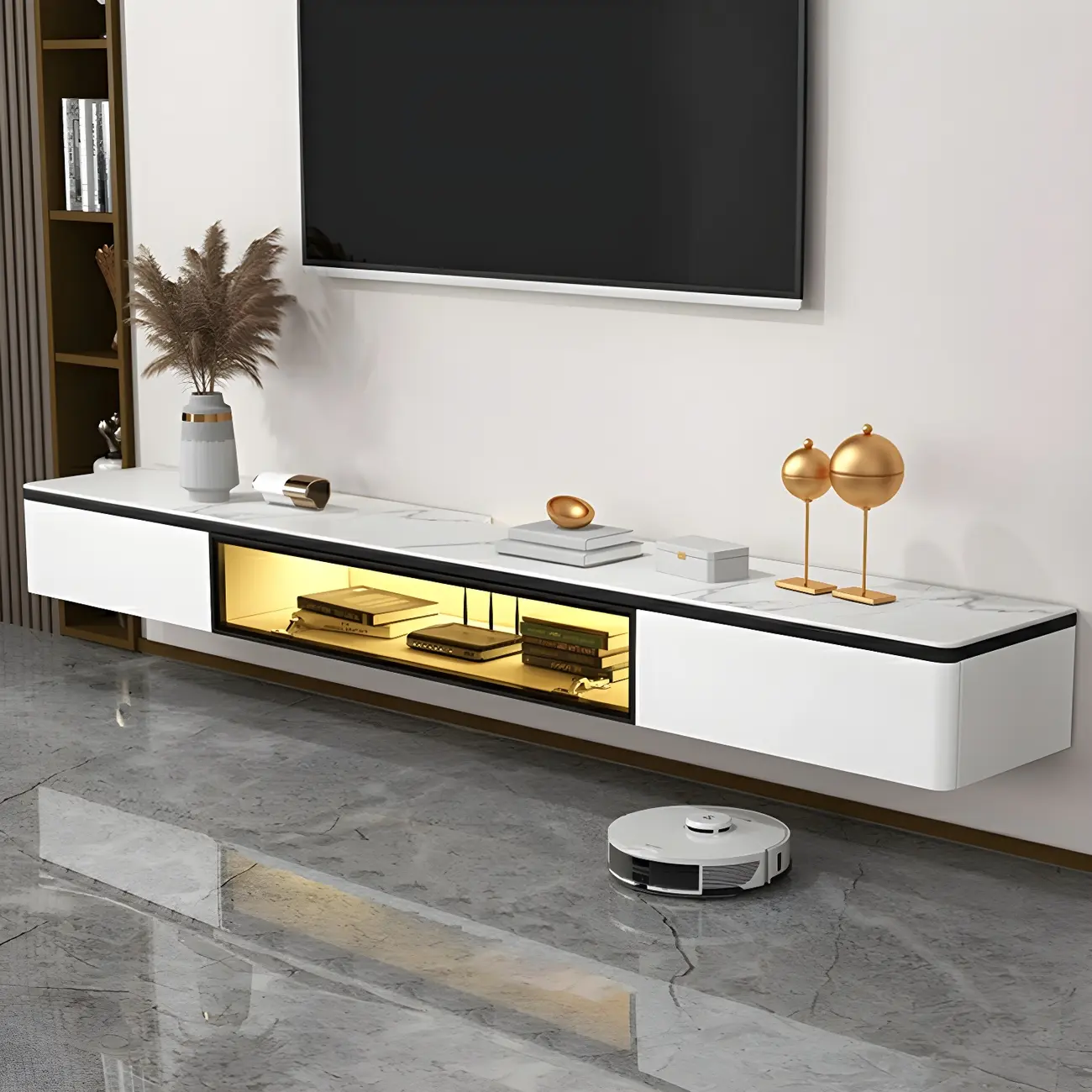 63 White Stone Top Floating TV Stand with LED Lights