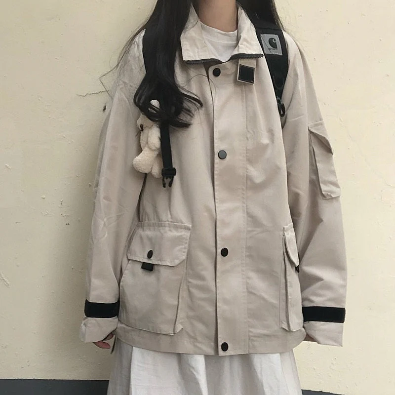 Basic Jackets Women Chic All-match Retro Solid Zipper Design Ulzzang Lovely Fashion Teens Overcoats Daily Vintage Womens Outwear - Deanwangkt